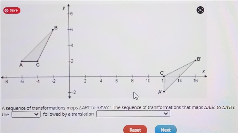 The cut off part says abc to a'b'c' is a reflection acrossThe options for the first-example-1