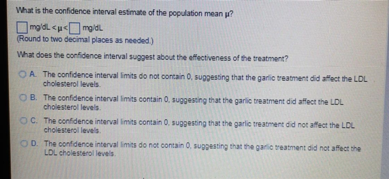 Information: 44 subjects were treated with garlic. A mean of 3.8 and standard deviation-example-1