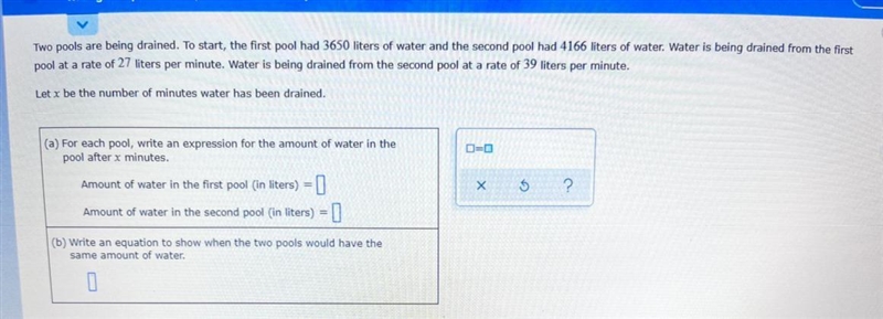 Two pools are being drained. To start, the first pool had 3650 liters of water and-example-1