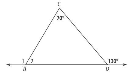 Which of the following is true? Triangle B C D. The exterior angle at B is labeled-example-1