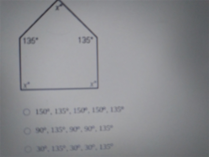 ALGEBRA determine the angle measures in the polygon.a. 150°,135°,150°,135°b. 90°,135°,90°,90°,135°c-example-1