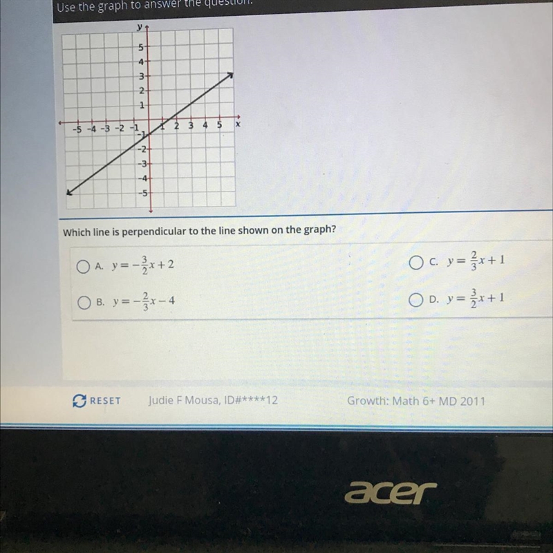 33Which line is perpendicular to the line shown on the graph?OA y=-3x+2Ob y=-x-4Oc-example-1