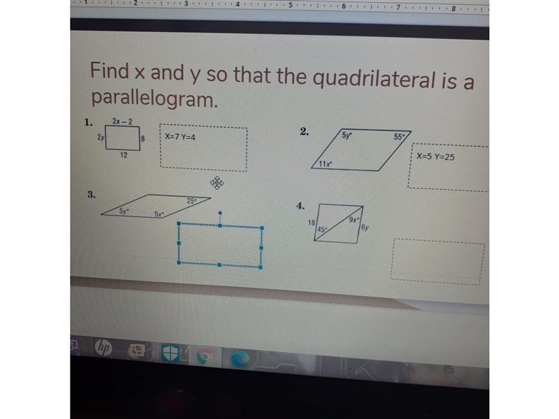 Find X and Y so that the quadrilateral is a parallelogram 5y 5x 25-example-1