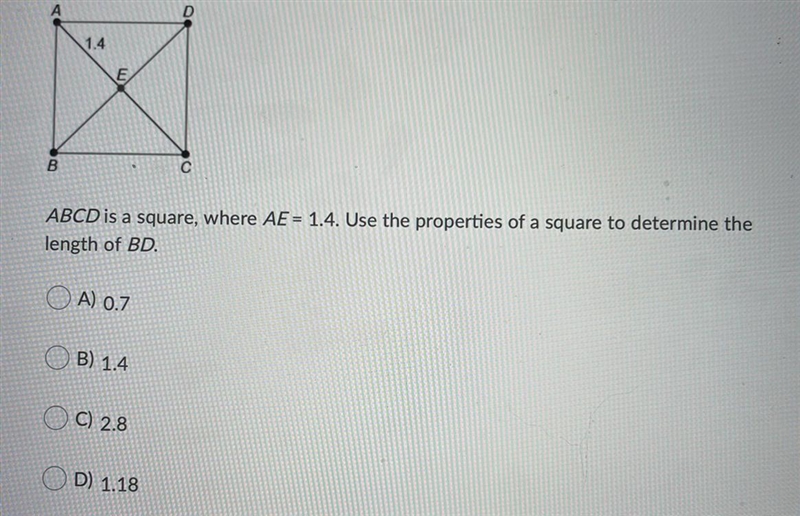 ABCD is a square, where AE = 1.4. Use the properties of a square to determine the-example-1