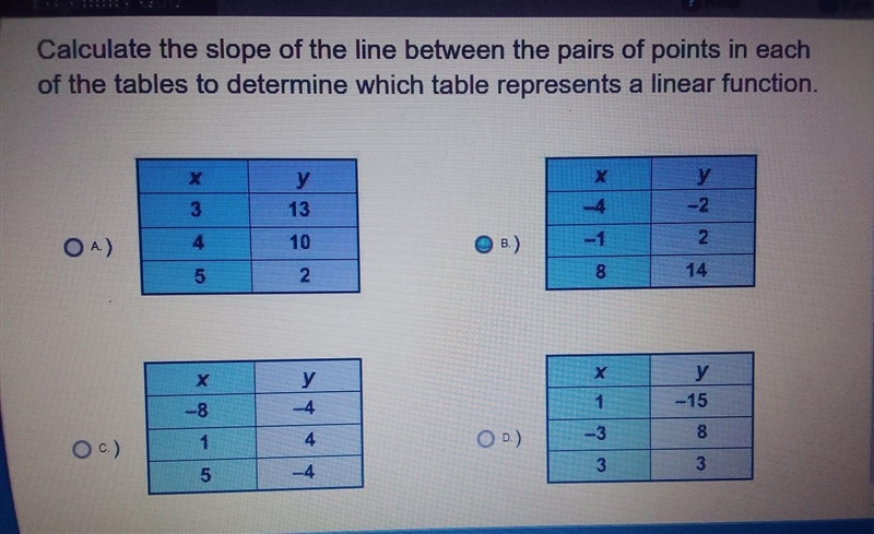 Calculate the slope of the line between the pairs of points in each of the tables-example-1