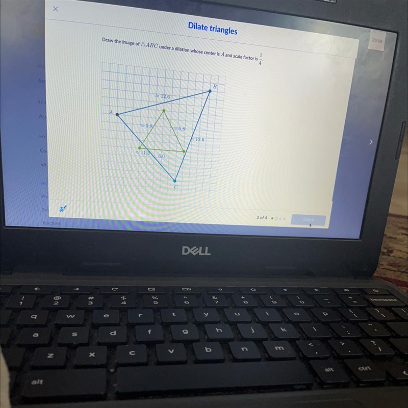 Dilate trianglesDraw the image of AABC under a dilation whose center is A and scale-example-1