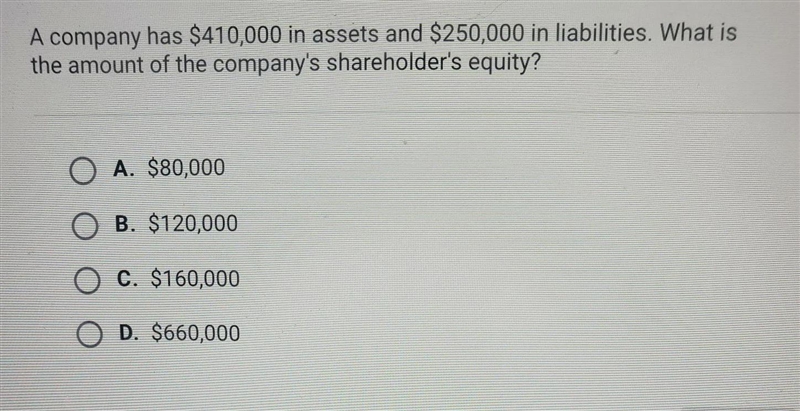 A company has $410,000 in assets and $250000 in liabilities, what is the amount of-example-1