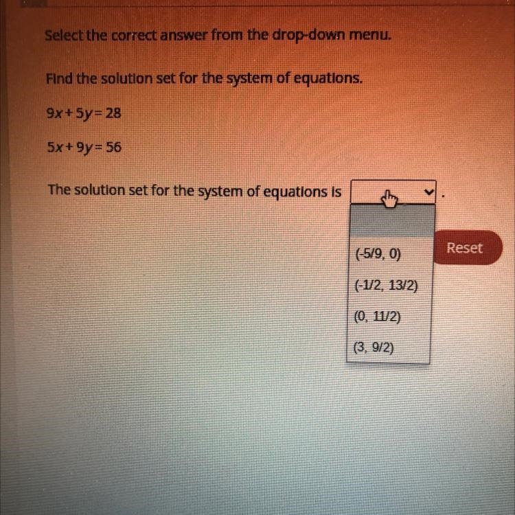 Select the correct answer from the drop-down menu.Find the solution set for the system-example-1