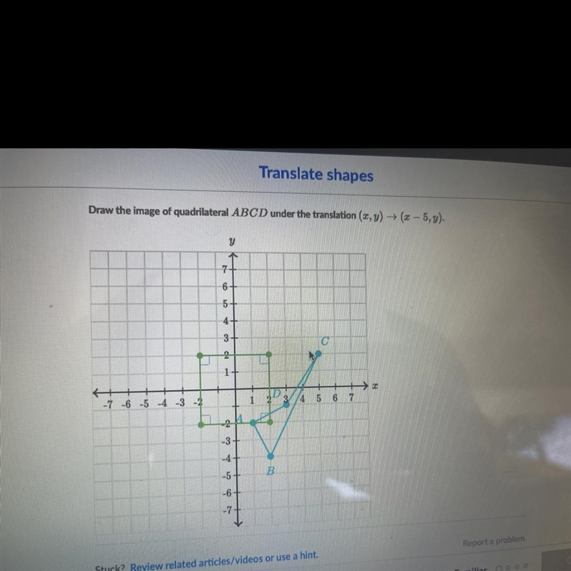 Draw the image of a quadrilateral ABCD under the translation ( X, Y) —> (x-5y)-example-1