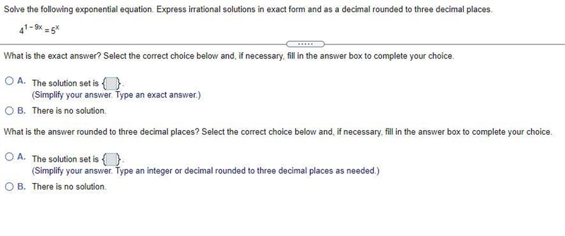 Solve the following exponential equation. Express irrational solutions in exact form-example-1