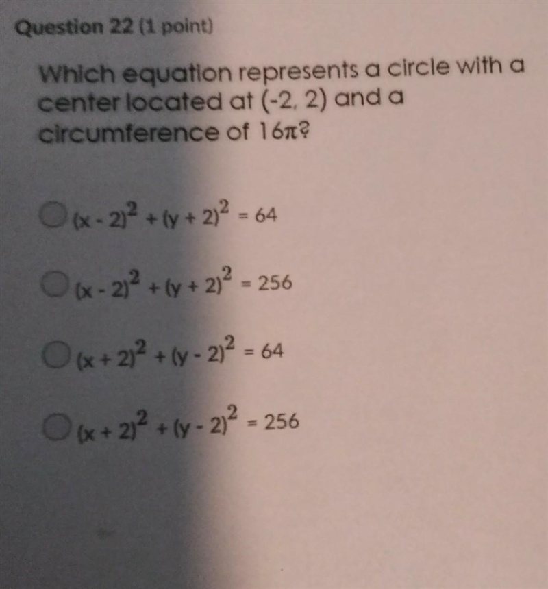 Which equation represents a circle with a center located at ( -2, 2) and a circumference-example-1