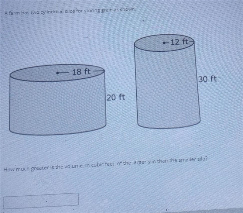 A farm has two cylindrical silos for storing grain as shown. - 12 ft . - 18 ft 30 ft-example-1