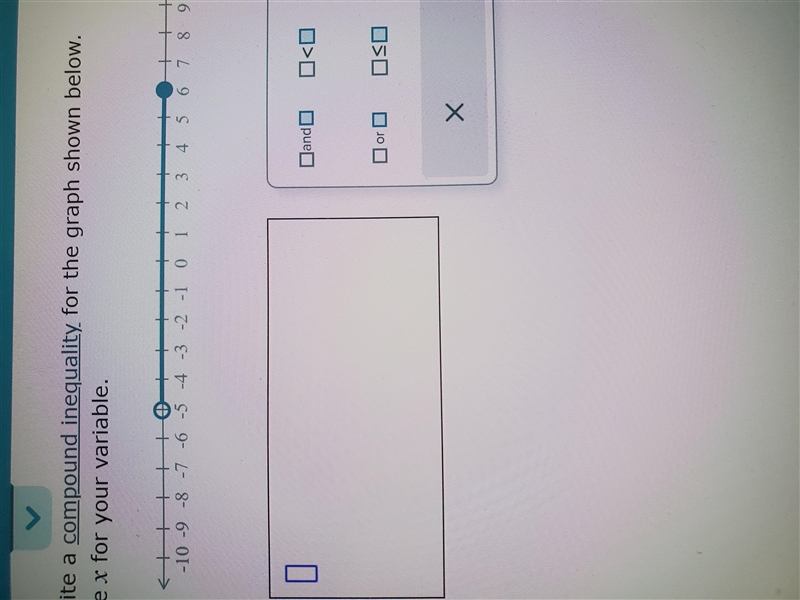 Write a compound inequality for the graph shown below. Use x for your variable.-example-1