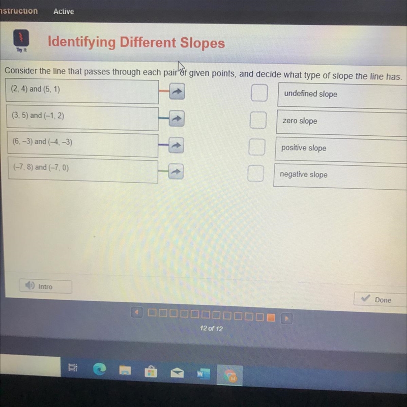 Consider the line that passes through each pair'de given points, and decide what type-example-1