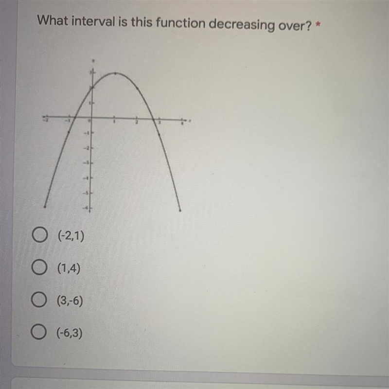 What interval is this function decreasing over? *(-2,1)O (14)O(3-6)O (-6,3)-example-1