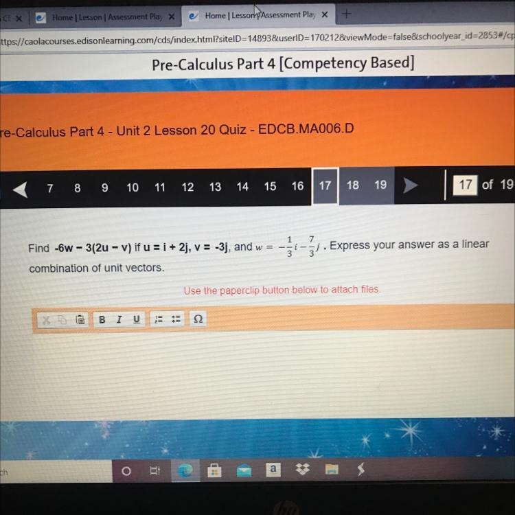 Find -6W - 3(2u - v) if u = i + 2j, v = -3j, and w=combination of unit vectors.:-). Express-example-1