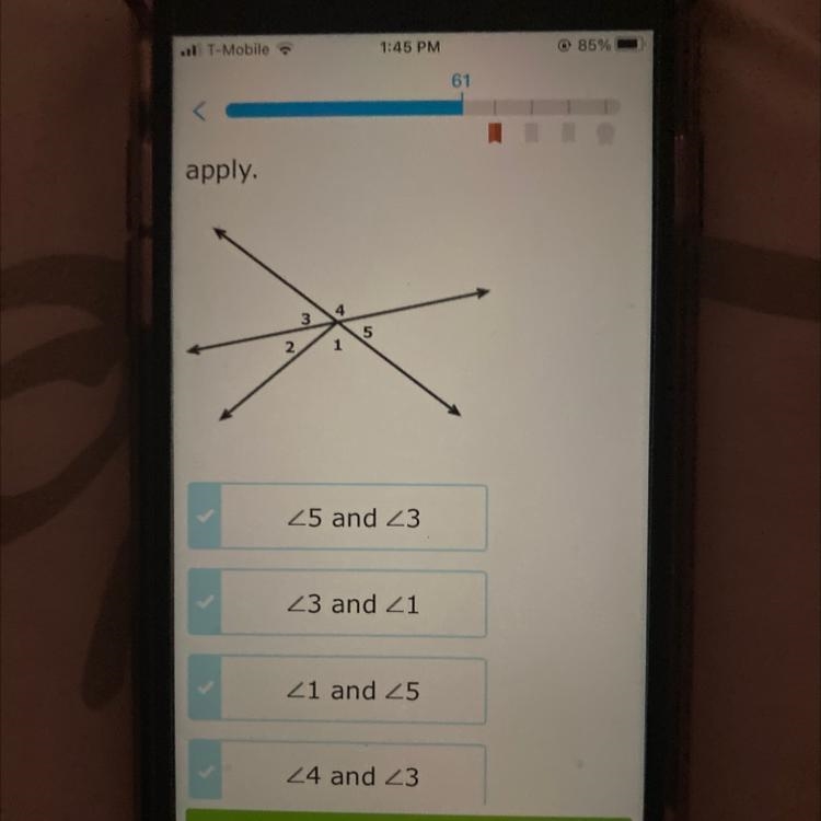 Which angles are supplementary to each other? Select all that apply.-example-1