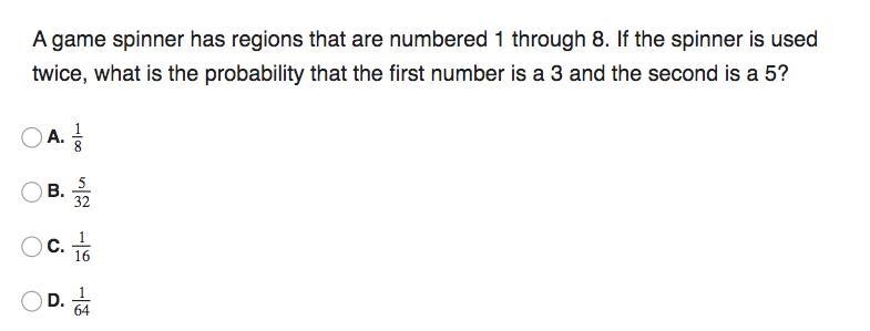 A game spinner has regions that are numbered 1 through 8. If the spinner is used twice-example-1