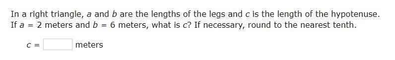 In a right triangle, a and b are the lengths of the legs and c is the length of the-example-1