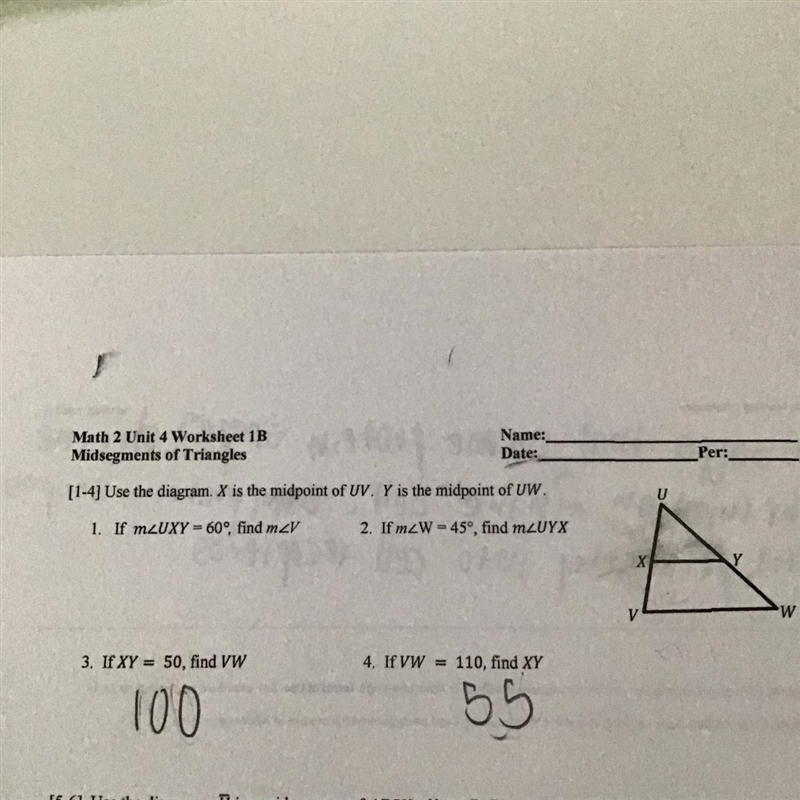 Name:Date:Math 2 Unit 4 Worksheet 1BMidsegments of TrianglesPert[1-4] Use the diagram-example-1