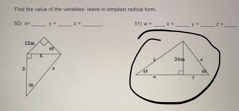 Could someone help me solve for W and X for the circled figure? Thanks!-example-1