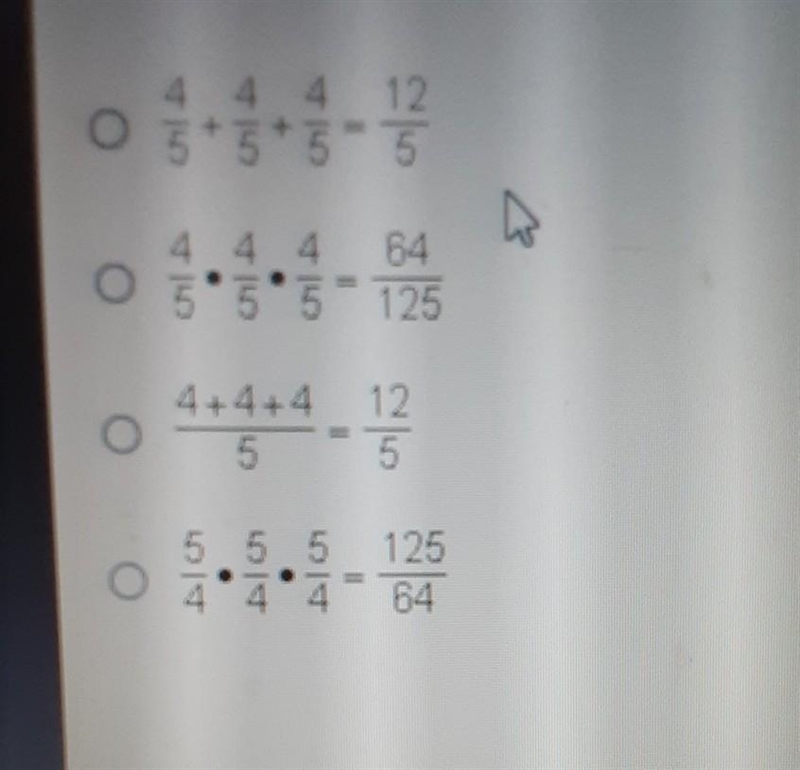 HELP ASAP What is the correct expanded form and value of (4/5)³ ?​-example-1