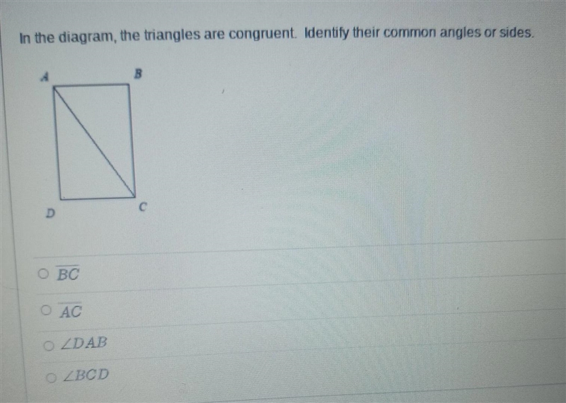 In the diagram, the triangles are congruent. Identify their common angles or sides-example-1