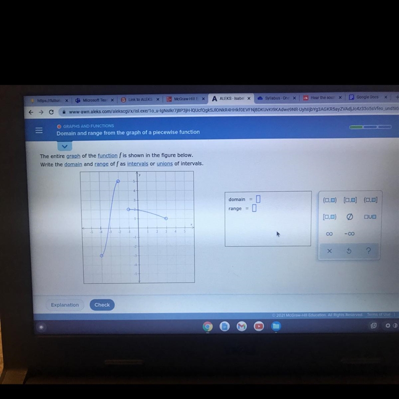 The entire graph of the function fis shown in the figure below.Write the domain and-example-1