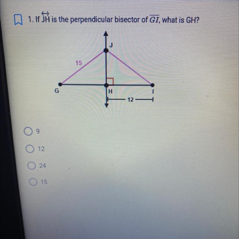 Is JH is the perpendicular bisector of GI what is GH?-example-1