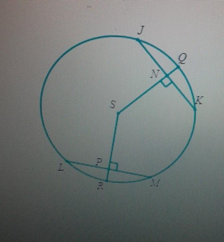 In the circle below S is the center of the circle. Suppose that LM= 18, KN= 9, JN-example-1