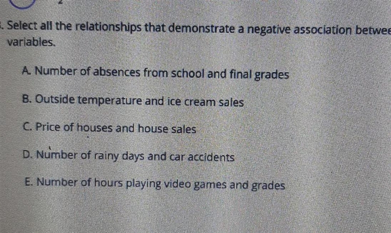 Select all the relationships that demonstrate a negative association between variables-example-1