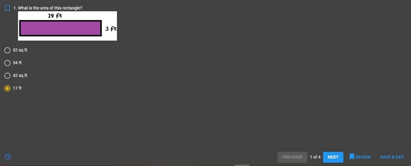 What is the area of this rectangle? 52 sq ft 34 ft 42 sq ft 17 ft-example-1