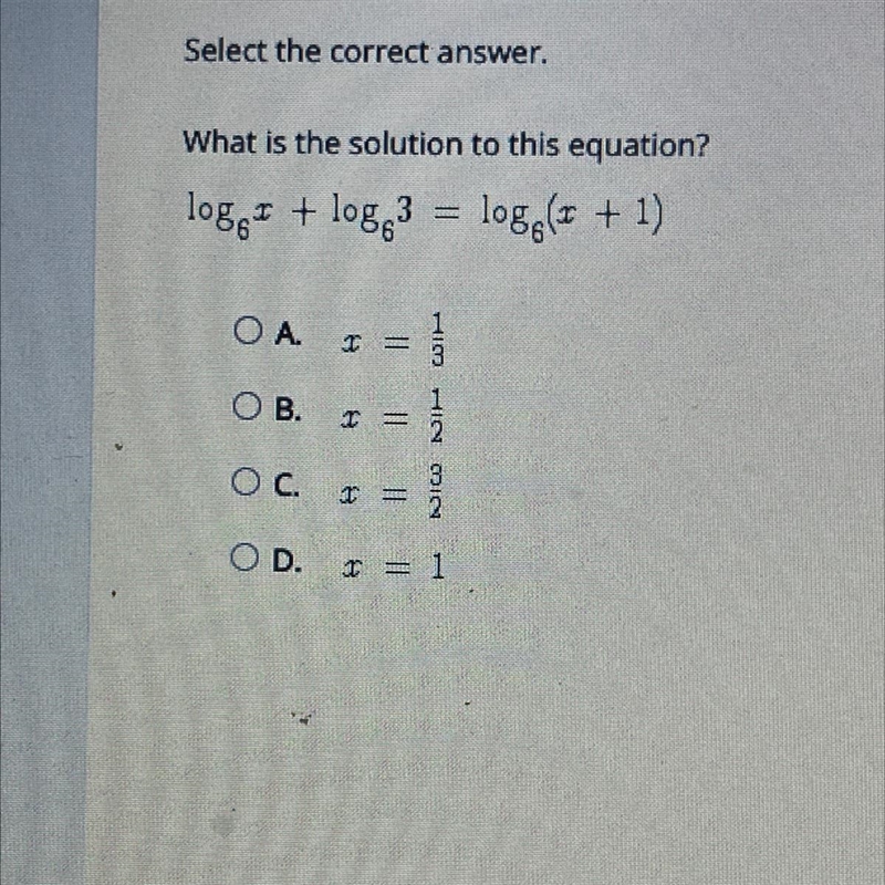 Select the correct answer.What is the solution to this equation?loge + + log 3 = log-example-1