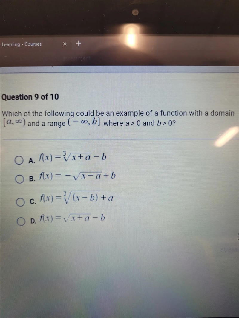 Which of the following could be an example of a function with a domain. [a,∞) and-example-1