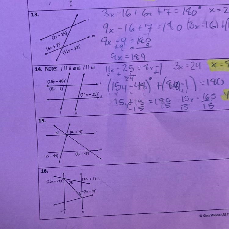 Parallel lines and transversal problems pls do problems 13,15, and 16 i think i am-example-1