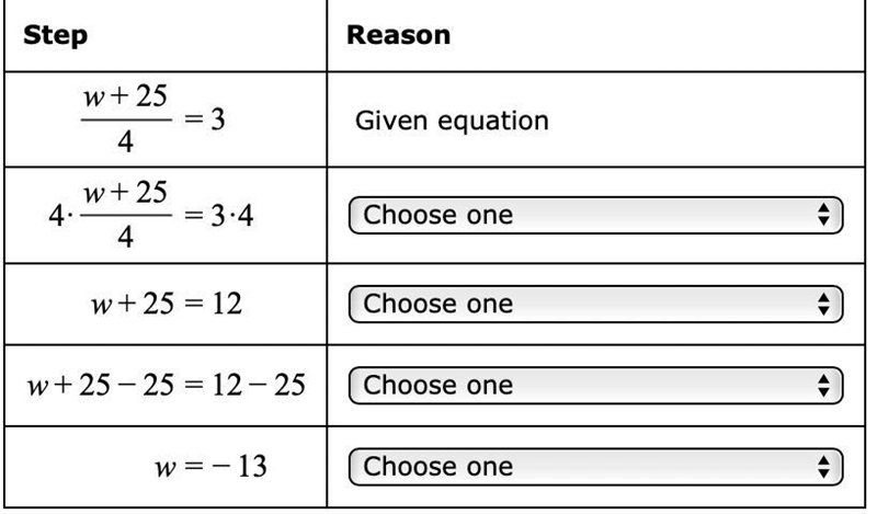 The equation, w+25/4=3 is solved in several steps below.For each step, choose the-example-1