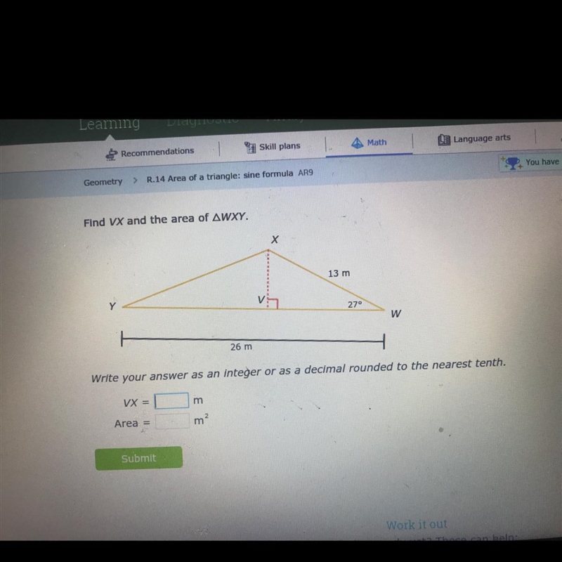 Area of a triangle: sine formula please round to the nearest tenth-example-1