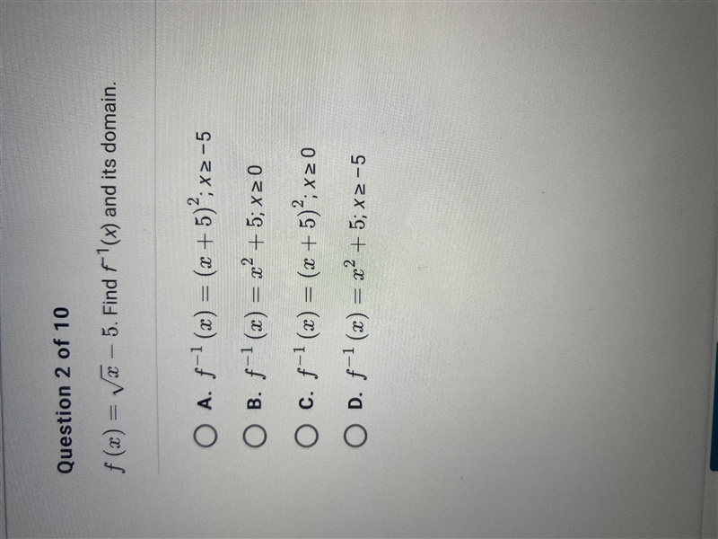 Inverse Questions. Pls Help give answer options. A,B,C, or D.-example-1