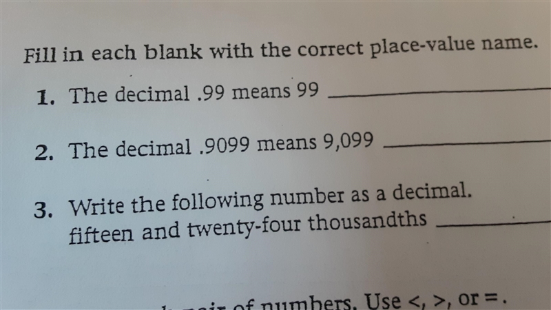 fill in each blank with the correct place value name 1. the decimal .99 means 99?2. the-example-1