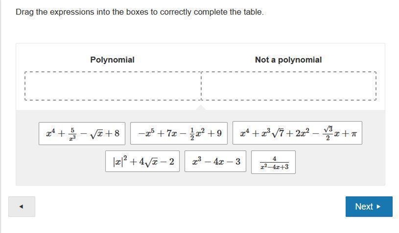 Drag the expressions into the boxes to correctly complete the table.PolynomialNot-example-1