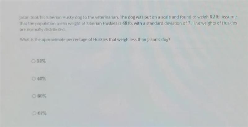 What is the approximate percentage of huskies that weigh less than Jason's dog-example-1