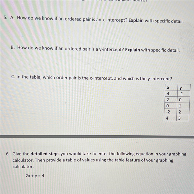 5. A. How do we know if an ordered pair is an x-intercept? Explain with specific detail-example-1