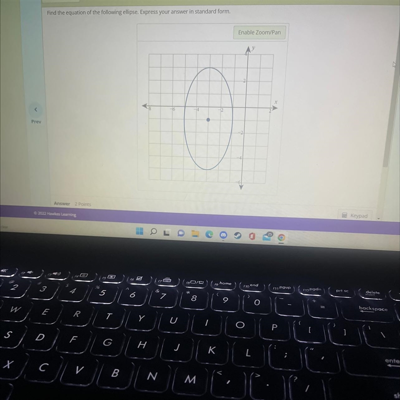 Find the equation of the following ellipse. Express your answer in standard form.Enable-example-1