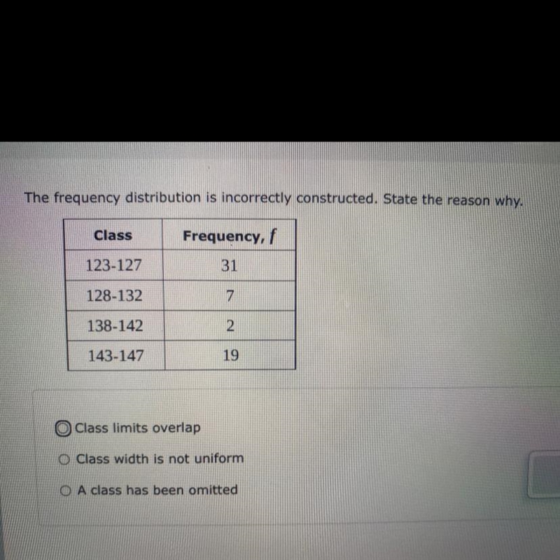 The frequency distribution is incorrectly constructed state the reason why-example-1