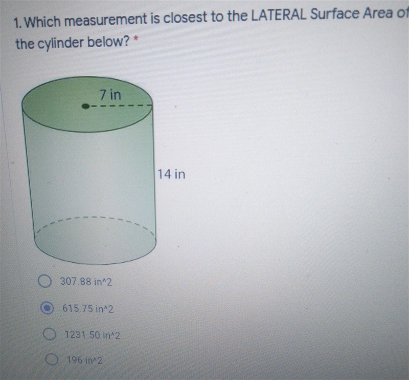 Which measurement is closest to the LATERAL surface area of the cylinder below-example-1