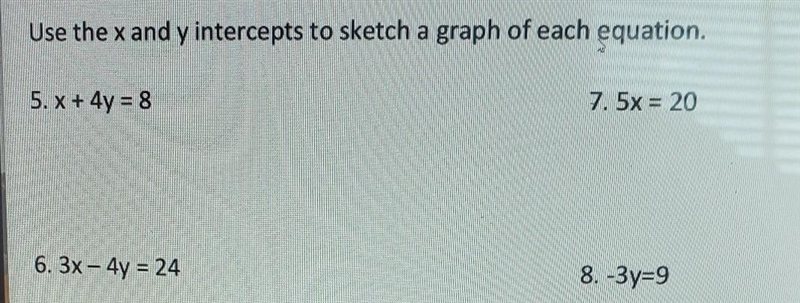 Use the x and y intercepts to sketch a graph of each equation.-example-1