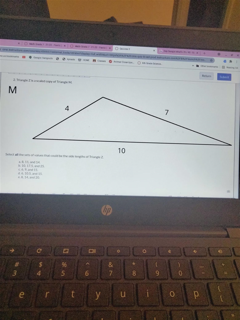 Select all the sets of the value that could be the side length of Triangle z.sides-example-1