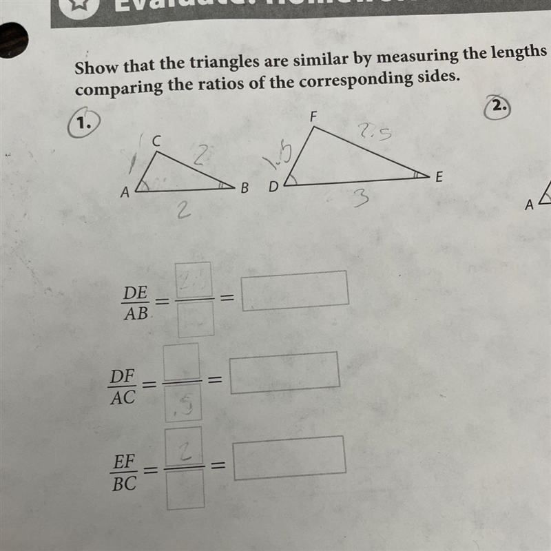 show that the triangles are similar by measuring the lengths of their sides and comparing-example-1