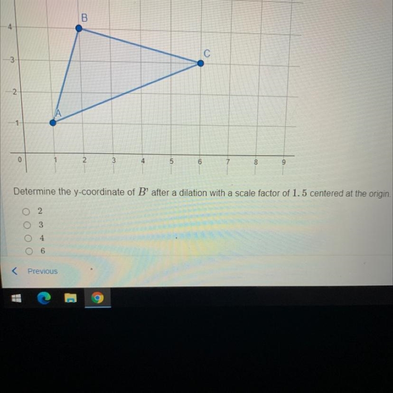 Determine the y coordinate of B after a dilation with a scale factor of 1.5 centered-example-1