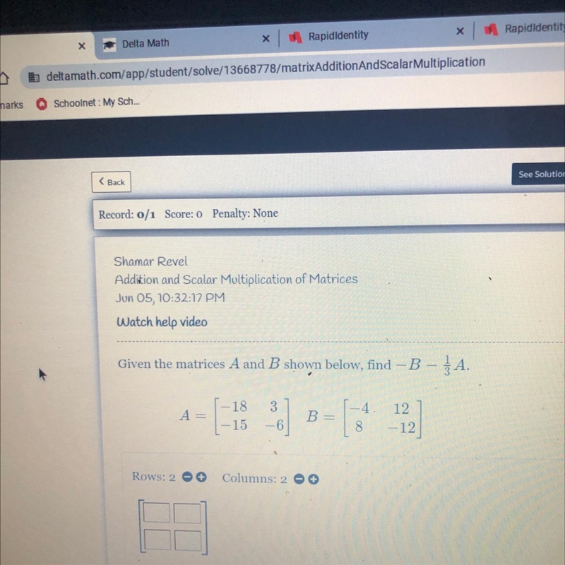 Watch help videoGiven the matrices A and B shown below, find – B - A.318154B12be-12-example-1